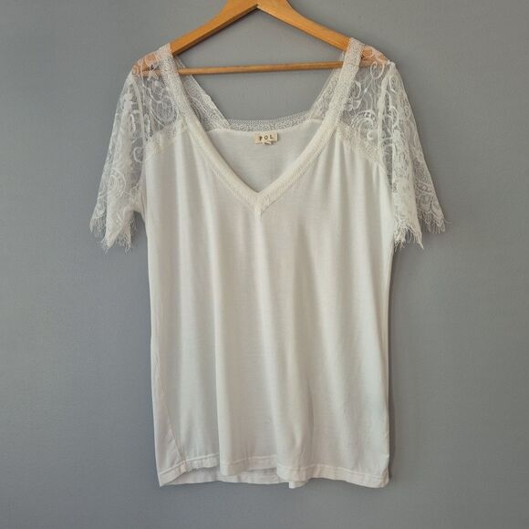 Pol White Lace Short Sleeve Deep V Neck Pullover Tee Shirt Womens XL - Picture 9 of 9